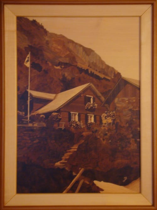 Holz Intarsienbild mit Abbildung vom Restaurant Alpenrösli